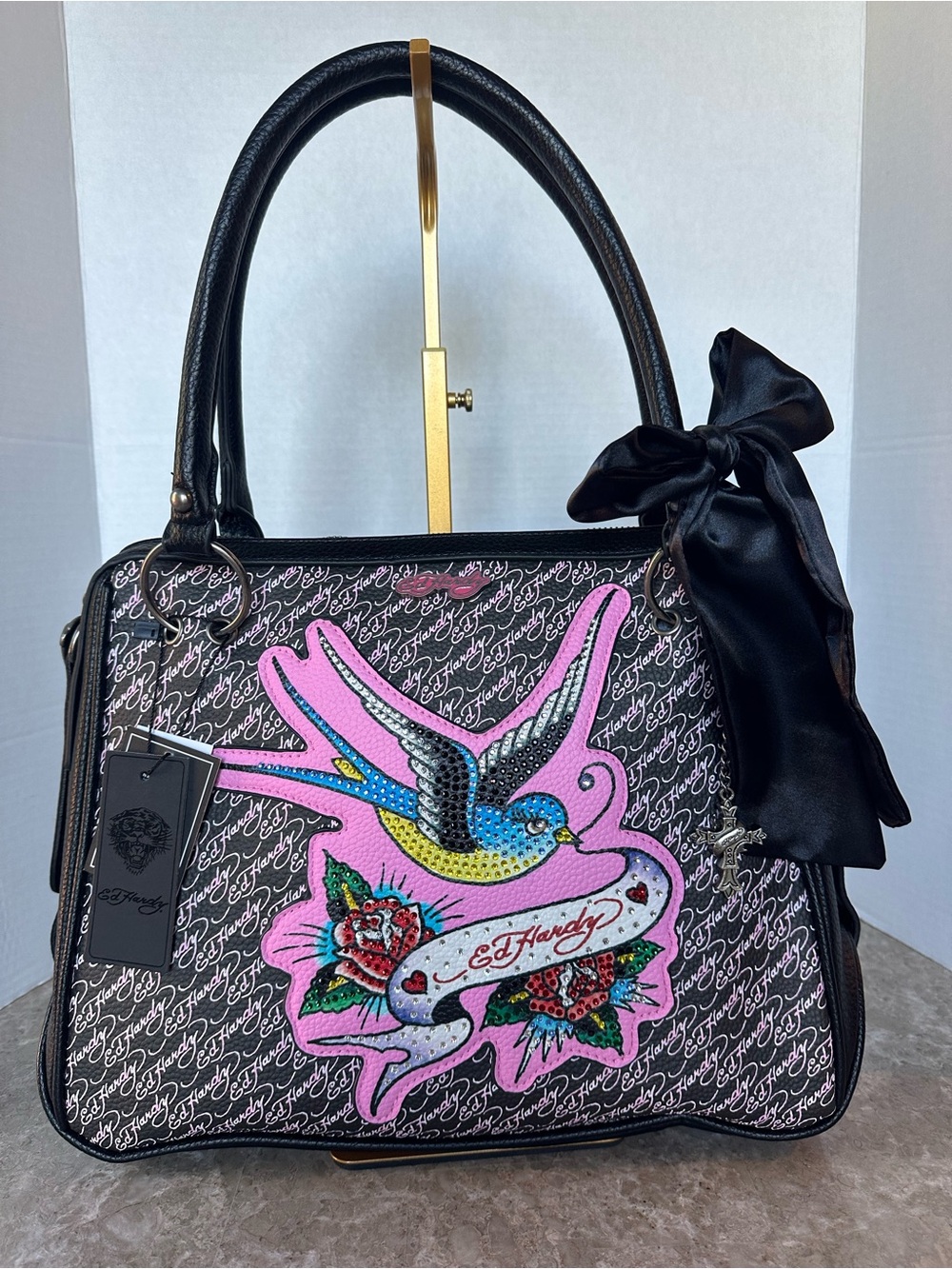 NWT Ed Hardy Y2K Tattoo Print Pink Swallow Satchel Shoulder Bag Purse Goth Glam